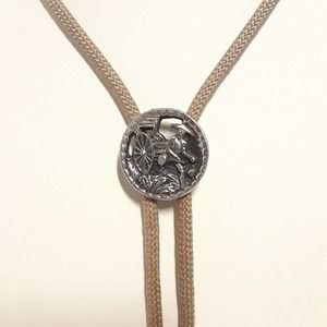 Asian Style Bolo Tie Silver on Tan Cord - VGUC! Man Rickshaw Rice Hat Vintage?